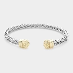Two Tone Silver Gold Twist Rope Cable Cuff Bracelet Bangle Textured Metal